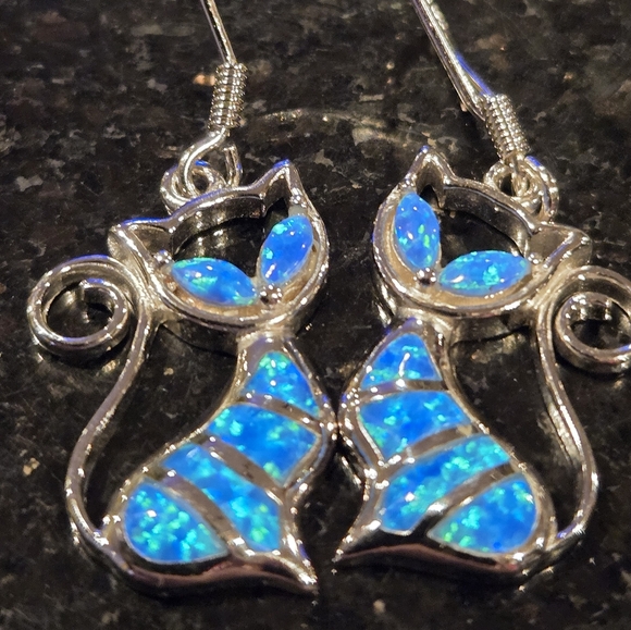 Jewelry - Created Blue Opaline Cat Earrings Sterling Silver Kitty Stylized Dangle …